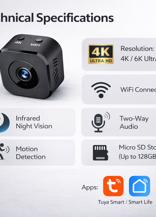 Mini câmara Wi‑Fi 4K preta com lente e suporte de fixação