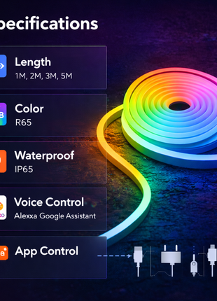 Fita LED neon RGB com indicações de comprimento e controlo por voz e app.