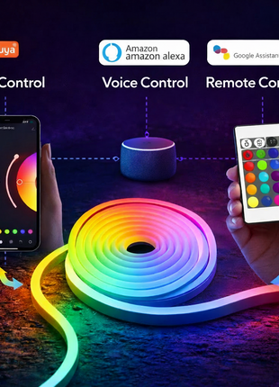 Fita LED neon RGB Wi‑Fi em rolo, com controlo por app e comando remoto.