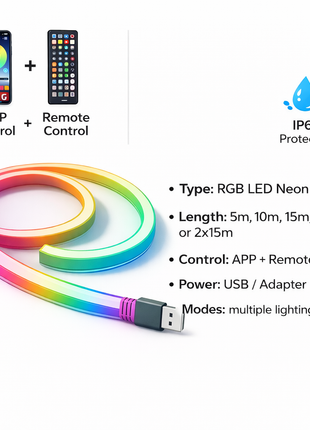 Fita LED neon RGB com cabo USB, controlo por app e comando remoto.