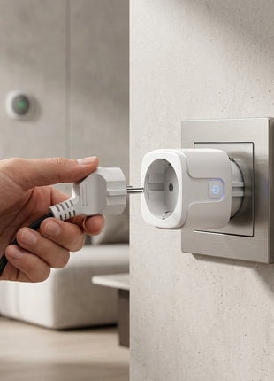 Tomada inteligente Zigbee 3.0 branca com ficha inserida, pronta para ligar