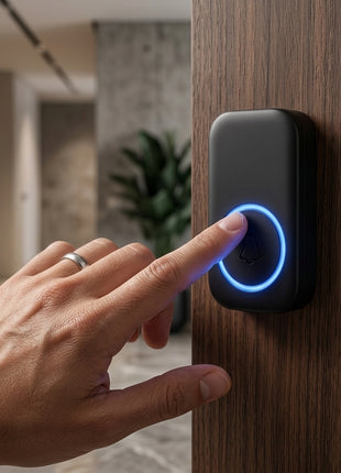 Campainha sem fios preta com anel azul, a ser tocada por uma mão.