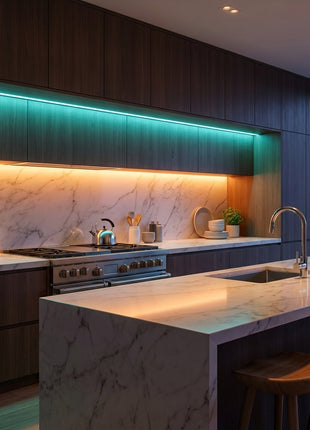 Fita LED RGB Wi‑Fi com faixa verde e azul sob armários na cozinha