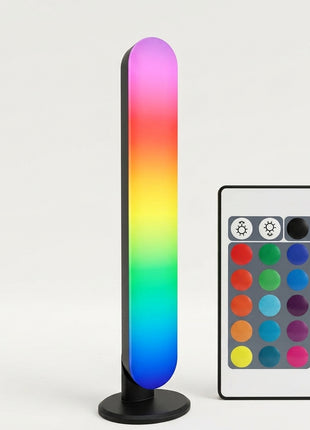 Barra LED RGB vertical em base preta e comando com grelha de cores.