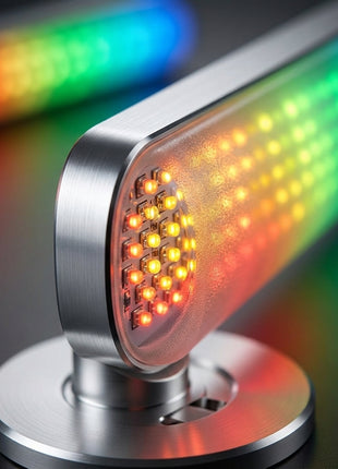 Barra LED RGB em close-up, mostra do interior com matriz de LEDs multicolor.