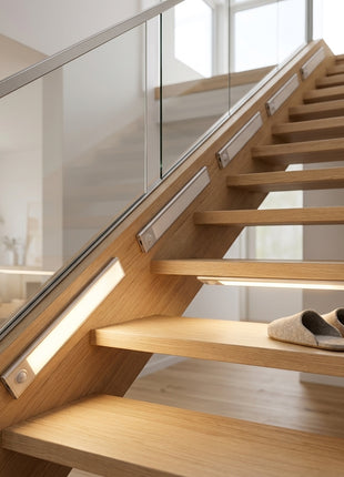 Luminária LED linear na escada, iluminação branca ao longo do degrau