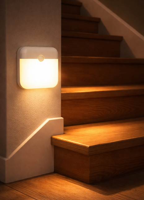 Luz noturna com sensor quadrada branca, luz quente junto às escadas