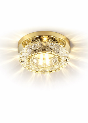 Plafon LED embutido redondo com cristal transparente e base dourada, luz quente