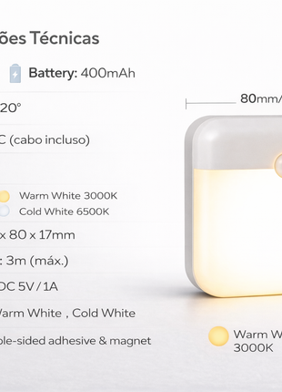 Luz noturna quadrada branca com sensor circular, luz quente e fria