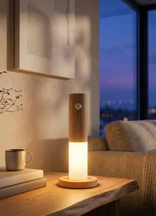 Luz LED de parede com sensor e WiFi, abajur cilíndrico branco em suporte de madeira