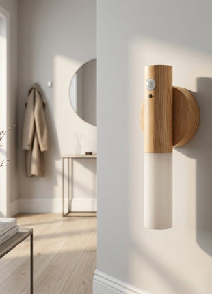 Luz LED de parede com sensor WiFi, suporte curvo em madeira e abajur cilíndrico branco