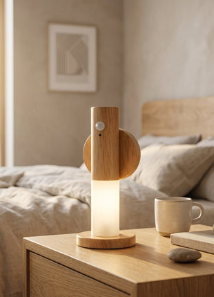 Luz LED de parede com sensor e WiFi, suporte em madeira e abajur cilíndrico translúcido