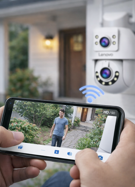 Câmara Wi‑Fi PTZ branca a transmitir vídeo para smartphone