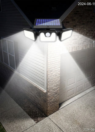 Holofote solar exterior LED com sensor de movimento, quatro focos e painel no topo