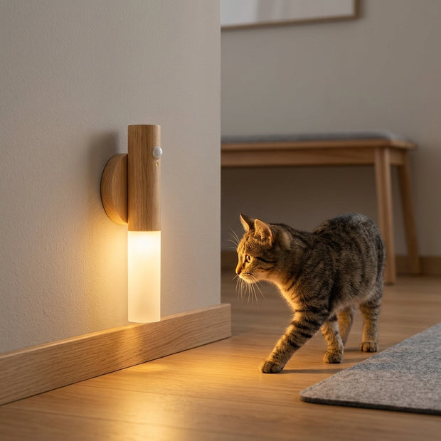 Luz LED de parede com sensor e WiFi, abajur cilíndrico branco em suporte de madeira