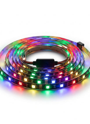 Fita LED RGB Wi‑Fi em rolo com controlador preto e luzes multicoloridas