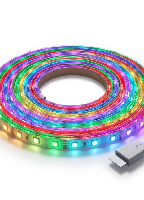 Rolo de fita LED RGB Wi‑Fi multicolorida com conector cinzento