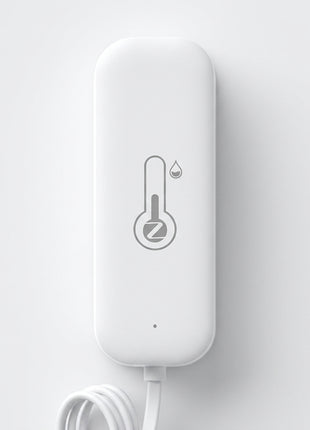 Sensor Tuya de temperatura e humidade branco, ícones de termómetro e gota, com cabo
