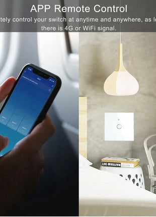 Interruptor touch Wi-Fi branco com 1 botão circular e ícone Wi‑Fi