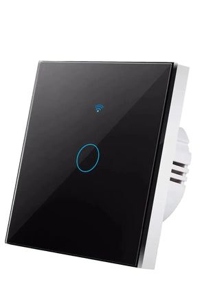 Interruptor touch Wi‑Fi preto (1 módulo), botão circular com anel azul e ícone Wi‑Fi