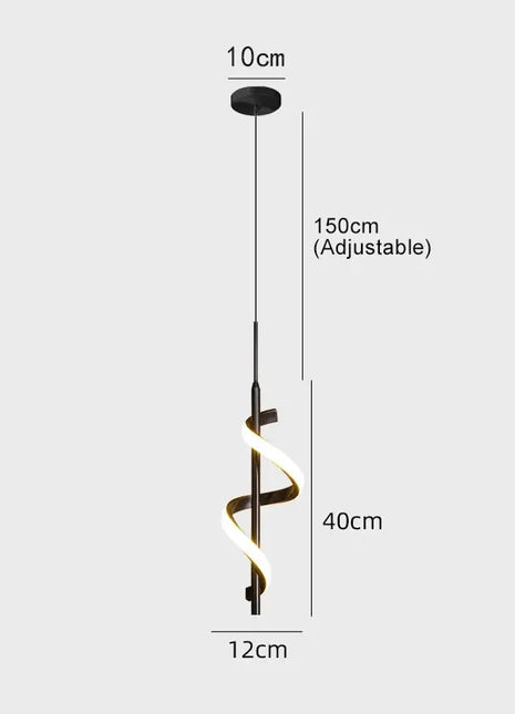 Aplique LED em espiral com haste preta, dimensões 10 cm, 12 cm e 40 cm