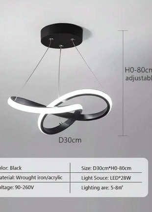 Candeeiro suspenso LED artístico de anel circular, estrutura preta e luz branca