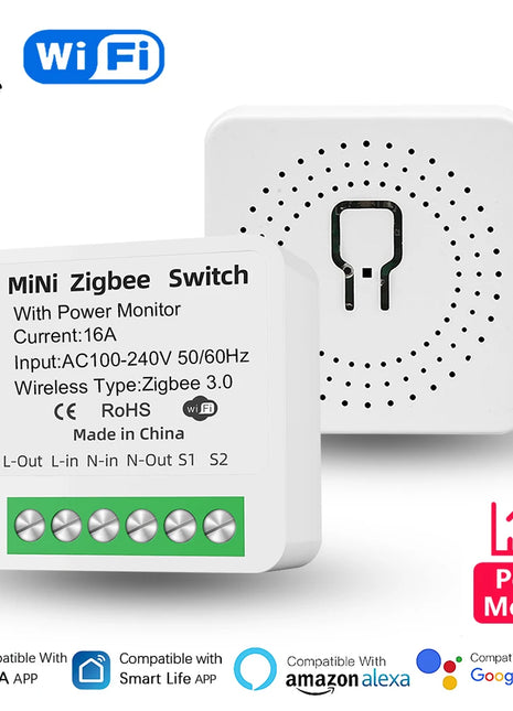 Interruptor inteligente mini WiFi com monitorização de energia e dois circuitos