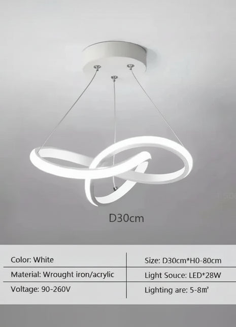 Candeeiro suspenso LED artístico de anel circular, estrutura branca
