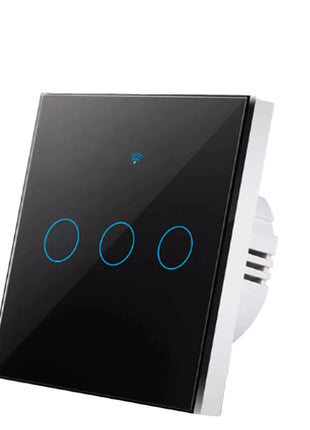 Interruptor touch Wi‑Fi preto (3 módulos), três botões circulares com anéis azuis e ícone Wi‑Fi