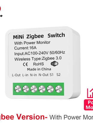 Interruptor inteligente mini Zigbee com monitorização de energia, módulo branco