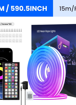Fita LED neon RGB flexível de 15 m em rolo, com comando remoto e conector USB