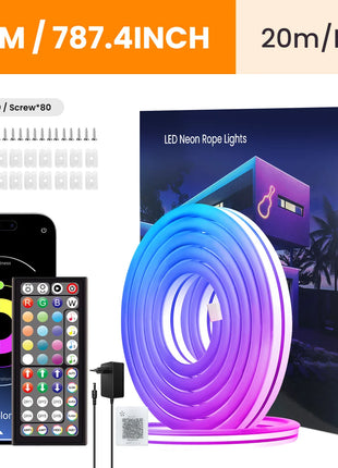 Fita LED neon RGB flexível de 20 m em rolo, com comando remoto e conector USB