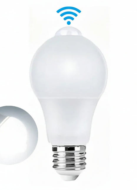 Lâmpada LED branca opal com sensor PIR, vista frontal e detalhe do brilho