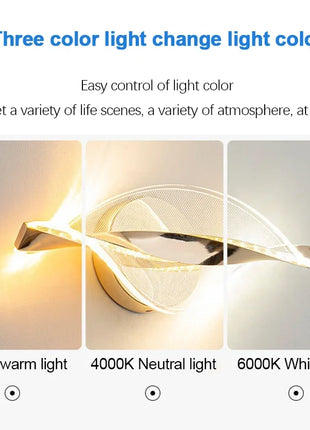 Aplique LED de parede dourado com difusor acrílico, iluminação de três tons.