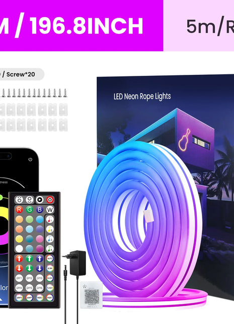 Fita LED neon RGB flexível de 5 m em rolo, com comando remoto e conector USB