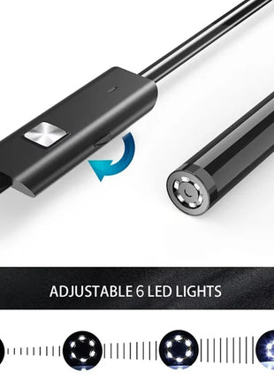 Sonda da câmara endoscópica USB com anel de 6 LEDs ajustáveis e conector metálico