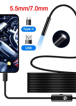 Câmara endoscópica USB com sonda flexível e cabo Type‑C, iluminação LED integrada