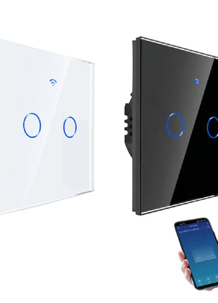 Interruptor touch Wi-Fi branco com 2 botões circulares e ícone Wi‑Fi