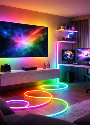 Fita LED neon RGB em curva no chão, a emitir luz multicolor.