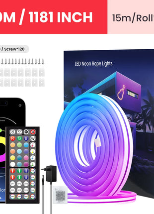 Fita LED neon RGB flexível em dois rolos, com comando remoto e conector USB