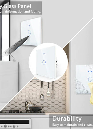 Interruptor touch Wi-Fi de vidro branco com 1 botão circular e ícone Wi‑Fi