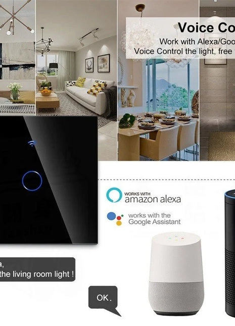 Interruptor touch Wi-Fi preto com 2 botões circulares e ícone Wi‑Fi