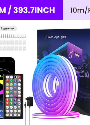 Fita LED neon RGB flexível de 10 m em rolo, com comando remoto e conector USB