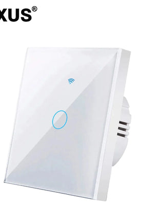 Interruptor touch Wi-Fi branco AXUS com 1 botão circular e ícone Wi‑Fi