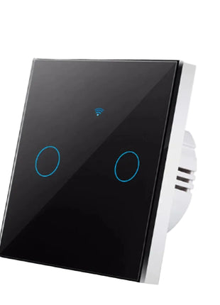 Interruptor touch Wi-Fi preto AXUS com 2 botões circulares e ícone Wi‑Fi