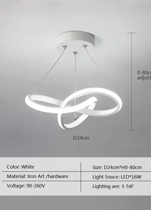 Candeeiro suspenso LED artístico de anel circular, estrutura branca