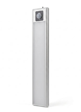 Barra LED com sensor PIR em alumínio, corpo prateado retangular.