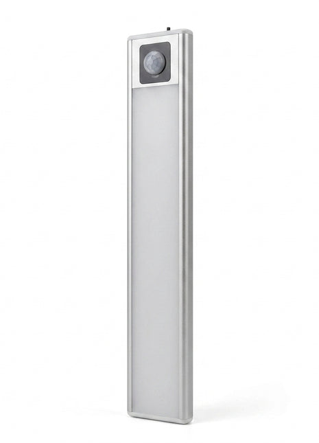 Barra LED com sensor PIR em alumínio, corpo prateado retangular.