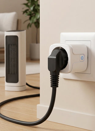 Tomada inteligente Zigbee 3.0 branca na parede, com cabo preto ligado