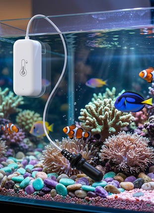Sensor Tuya de temperatura e humidade branco com cabo, junto a aquário